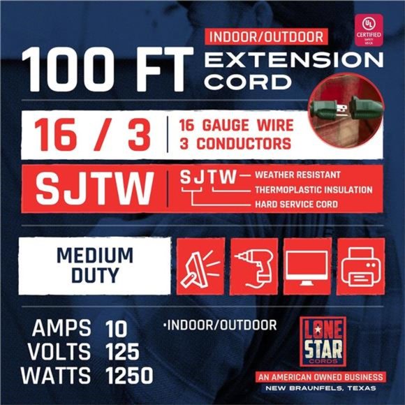 100 Ft Extra Long Outdoor Extension Cord with Prong 16 Gauge Weatherproof - Picture 2 of 6